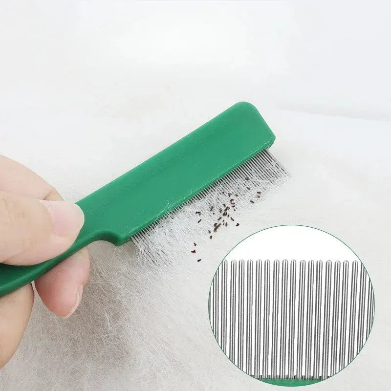 Green plastic handle pet flea comb with stainless steel pins for dog and cat grooming