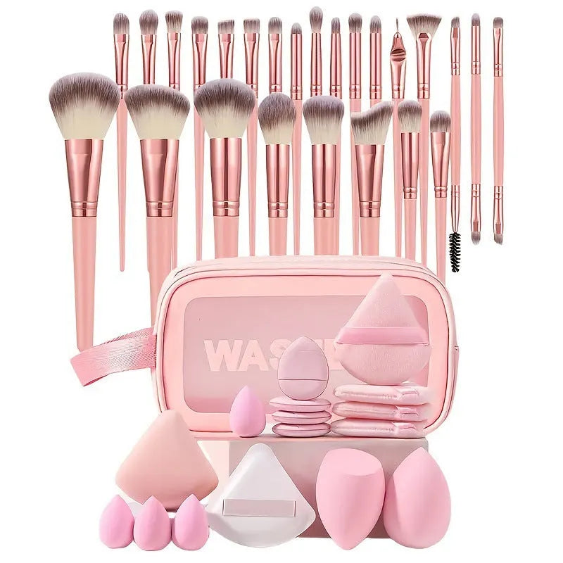 Hydrophilic non-latex beauty tools set in brown, pink and purple colours for facial cleansing and makeup