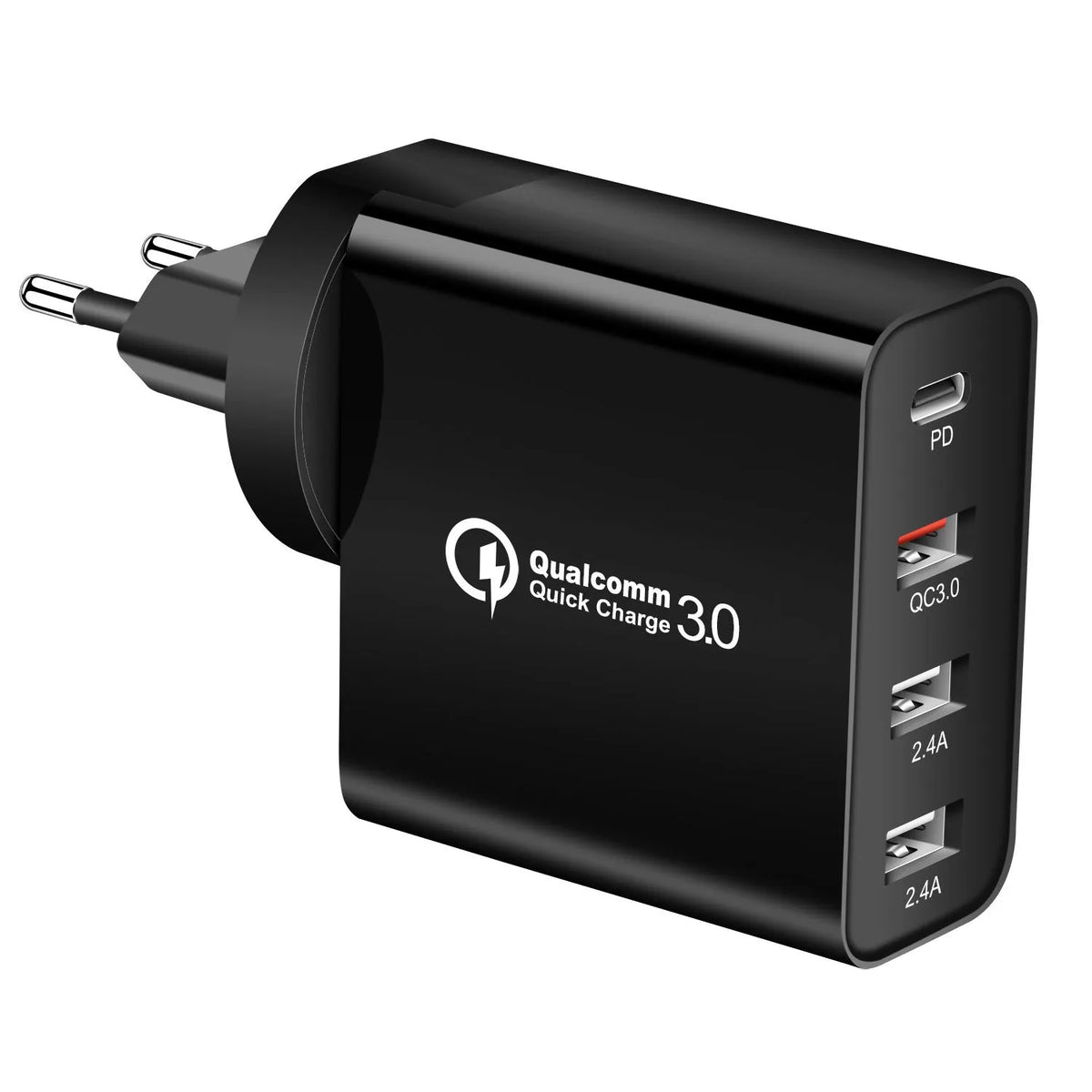 Black or white four-port USB-C charger with global plug options including AU, EU, UK, and US standards