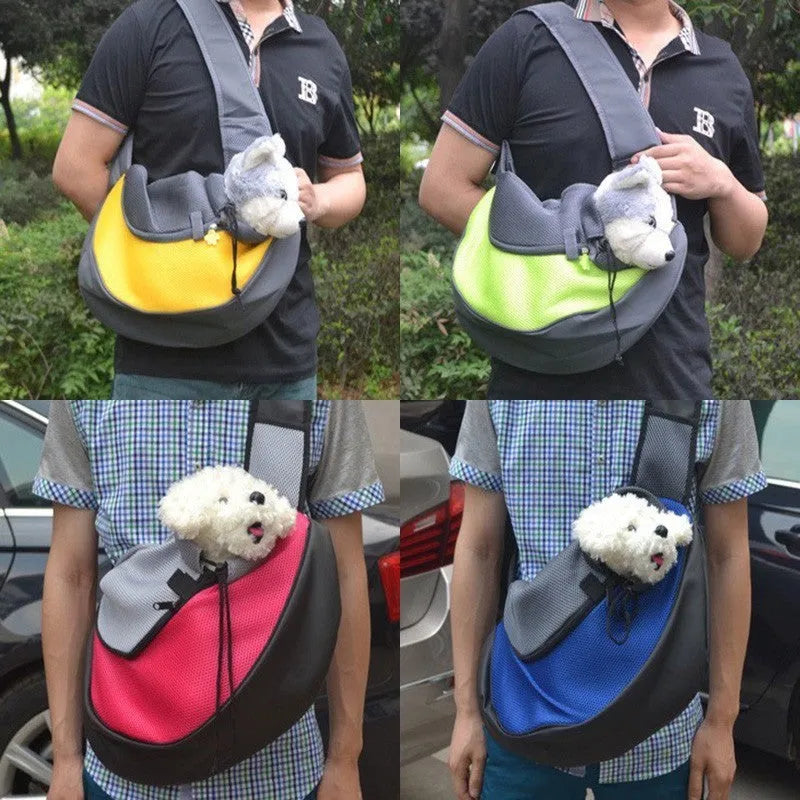 Polyester pet backpack carrier for a small dog or cat, shown in blue colour.