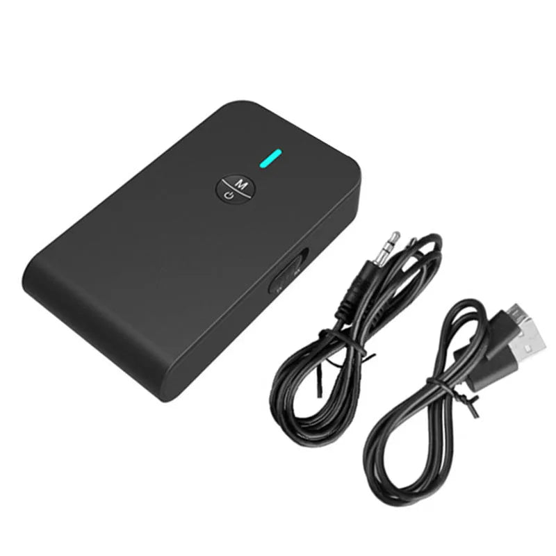 Black Bluetooth audio adapter with 3.5mm AUX jack for converting wired headphones to wireless operation