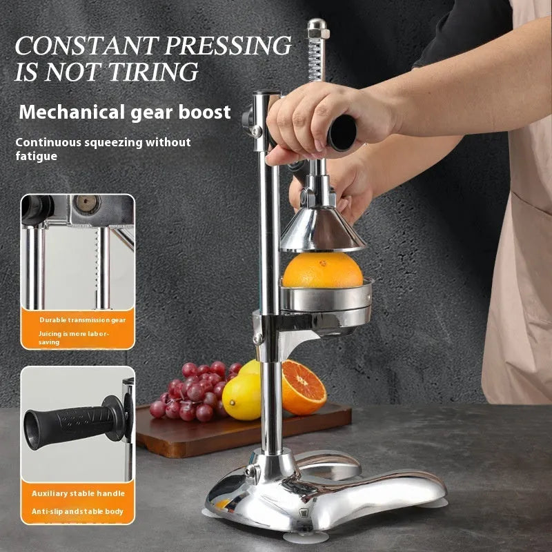 Vertical stainless steel manual juicer shown in multiple colour and head style options for household kitchen use.