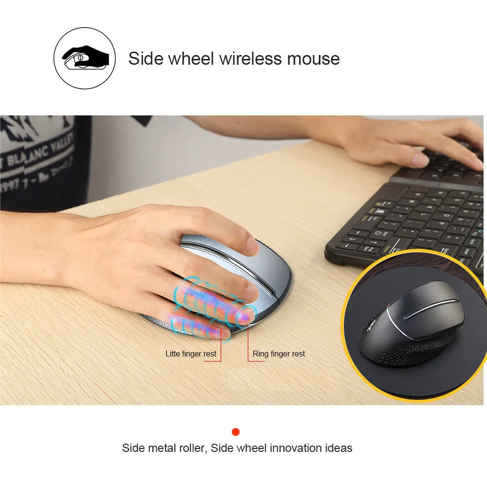 T32 Black and Silver wireless vertical ergonomic mouse with aluminium side roller on desk