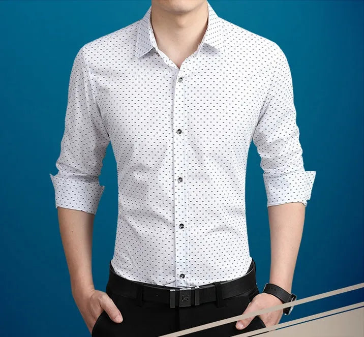 Men's long sleeve polka dot shirt in navy blue, slim fit, sizes M-5XL, with shoulder and bust measurements shown.