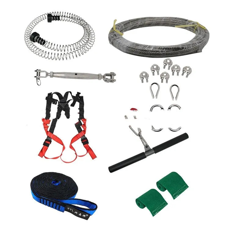 XYL Ziptreck children's pulley slide system with 10 metre steel cable, alloy steel components, safety harness, and multiple attachment points
