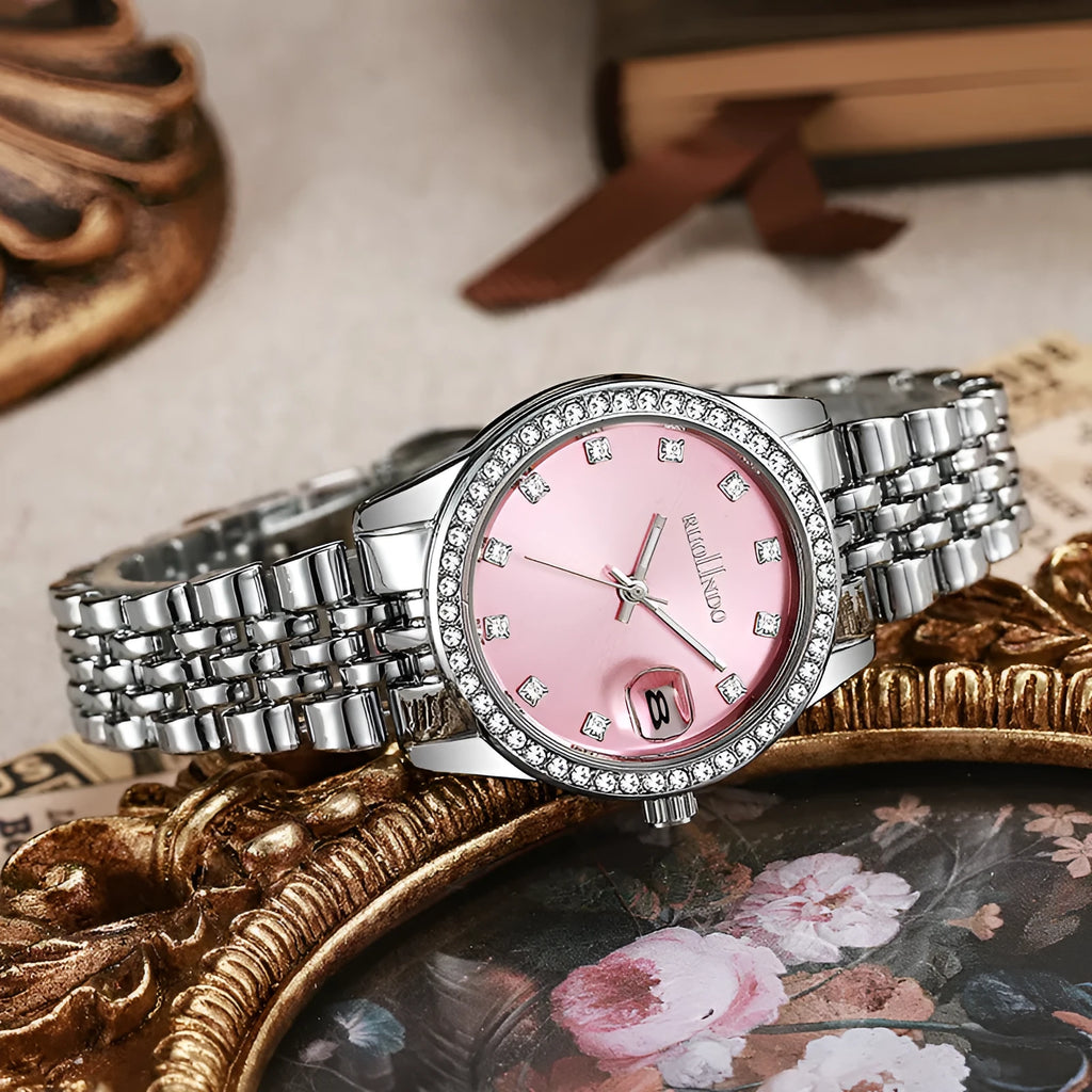 Women's silver alloy calendar watch with circular 32mm dial and stainless steel buckle