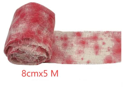 Red and white polyester Halloween horror bandage showing 8cm width and rolled length