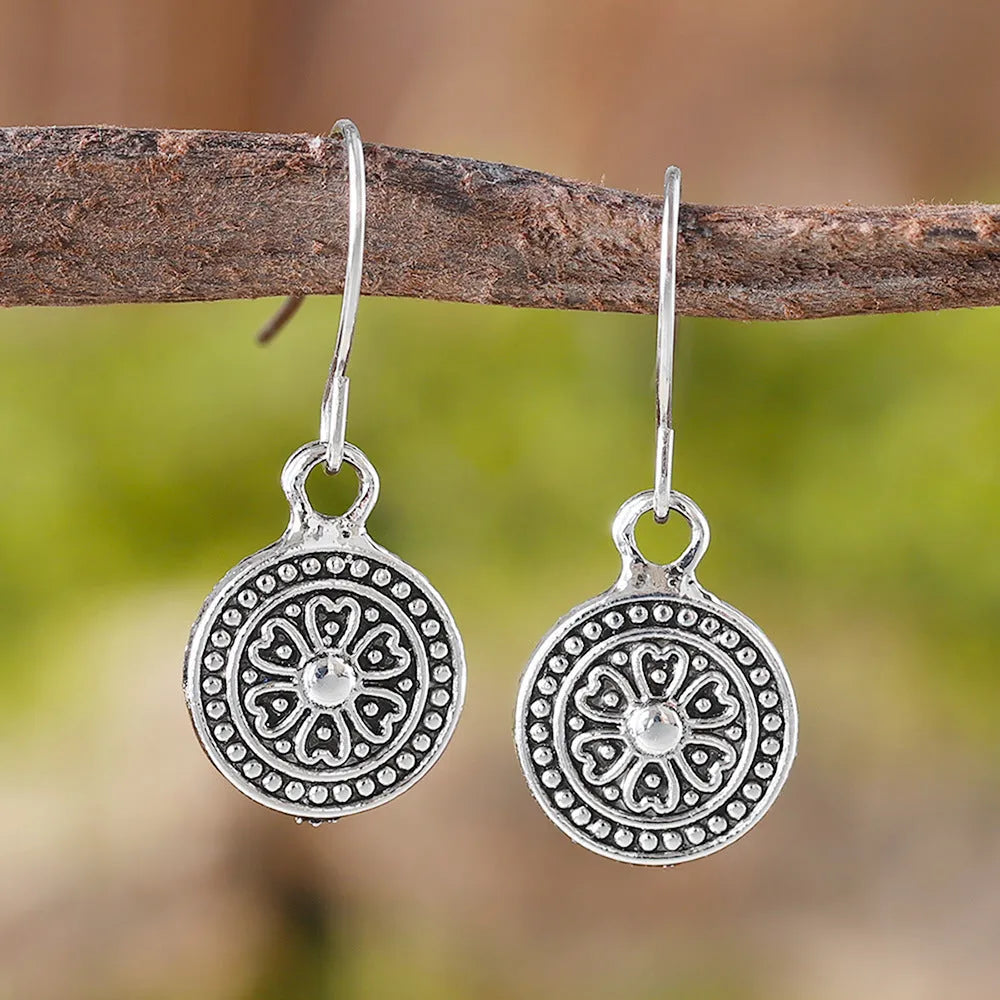 Geometric zinc alloy earrings with distressed ethnic prints in bohemian retro style