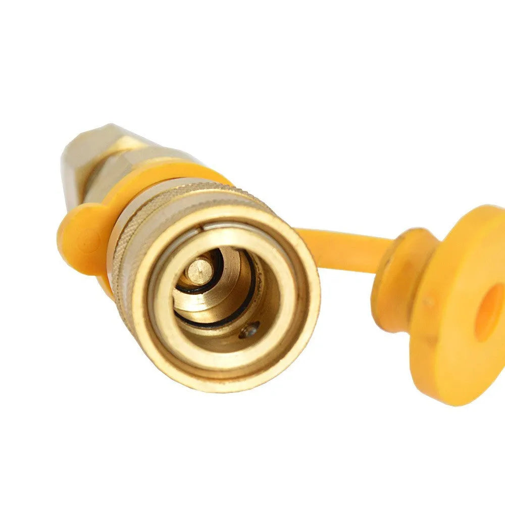 Gold brass 3/8 propane tank conversion charging connector with visible threads