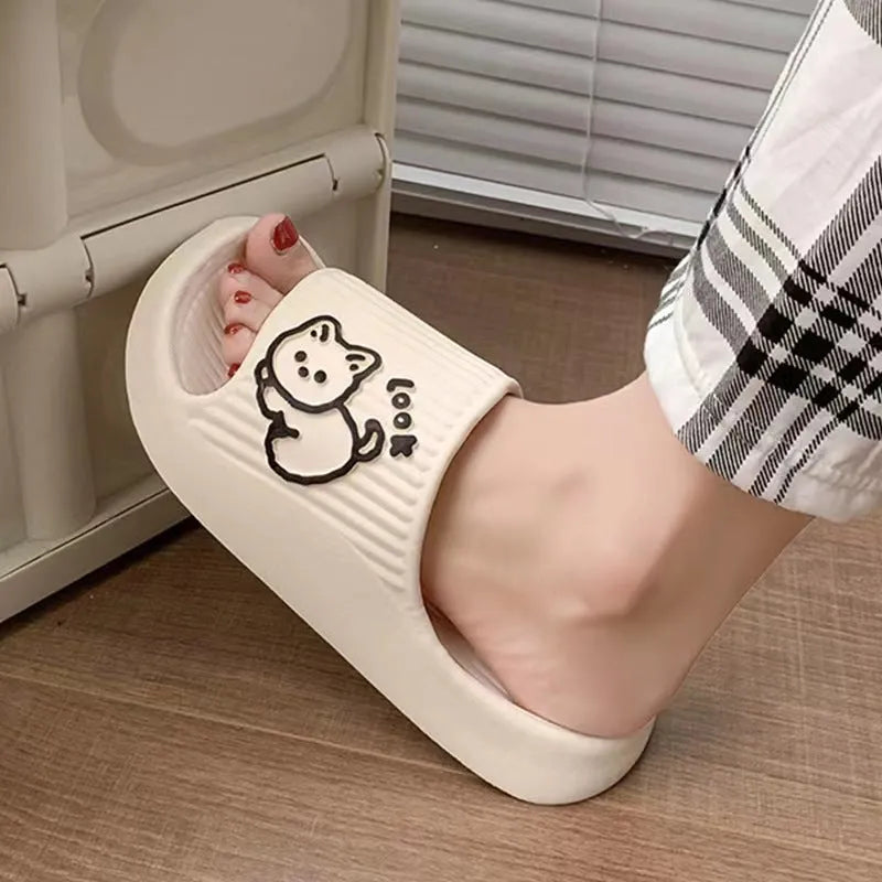Cat motif thick platform flip-flop slippers in multiple colours with EVA sole