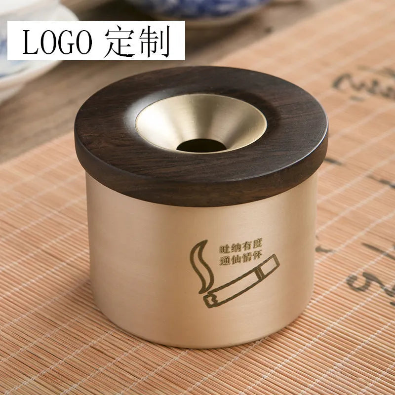 Creative retro brass ashtray with pure copper body and black or rosewood wooden lid featuring a central hole