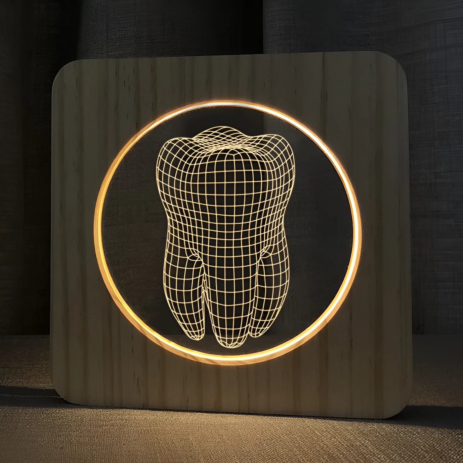 Tooth-shaped wooden acrylic night lamp with warm finish measuring 190x190x30mm