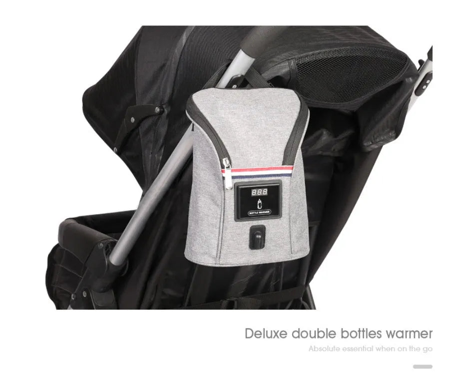 Grey portable car USB baby bottle warmer with digital display and hanging buckle for travel