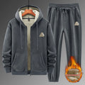 Grey cashmere hooded sweater and cotton pants sports suit set on a hanger