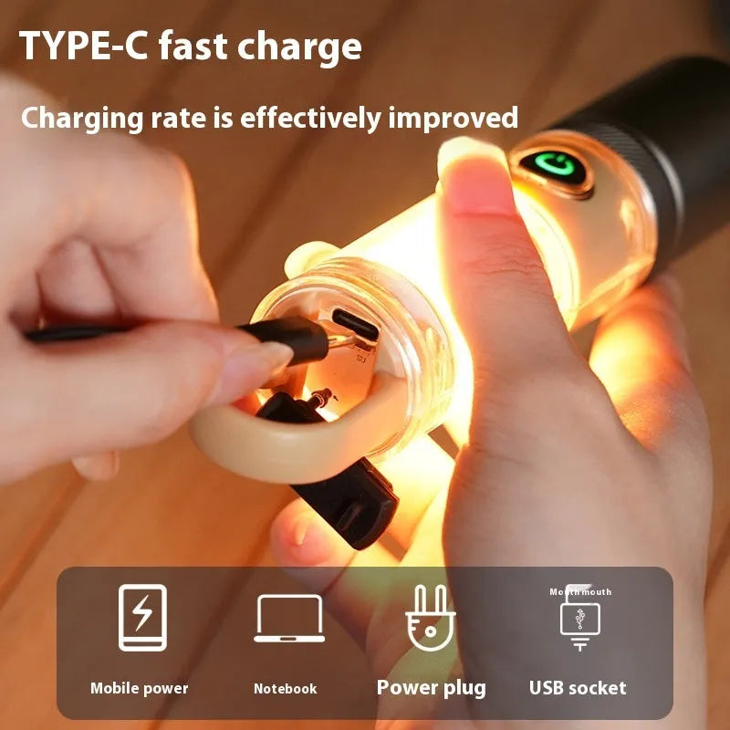Orange 10W LED flashlight with optical zoom, dual light sources, hook and keychain accessories