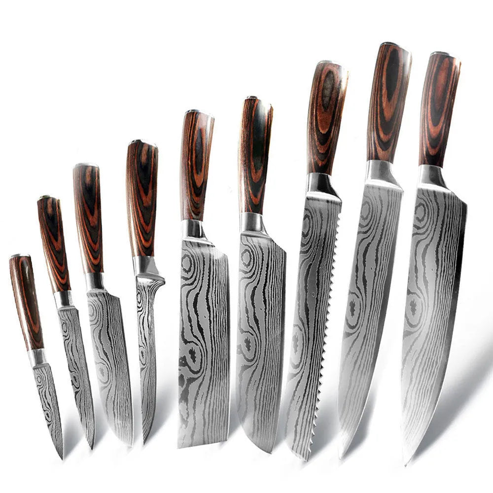 Chef knife with laser Damascus pattern on 7CR17 steel blade and colour steel handle.
