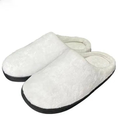Pair of printed cotton flannel slippers with a soft TPR sole on a wooden floor.
