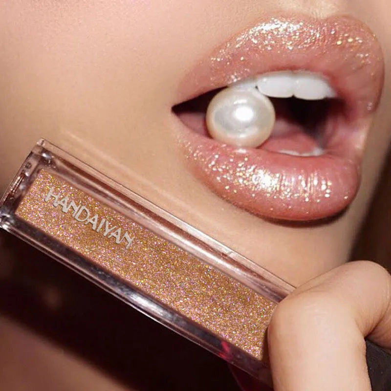 Shiny matte waterproof lip gloss tube with soft applicator, available in five shades including pink and rose red.