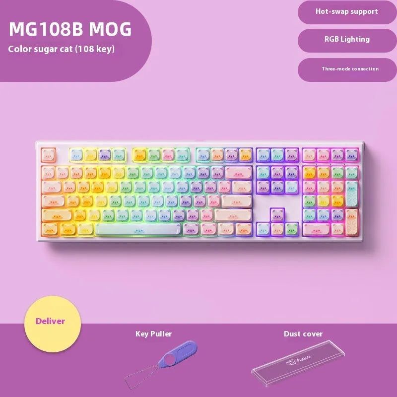 Colour Sugar Cat mechanical keyboard with Bluetooth connectivity showing MG108B Piano Shaft switches
