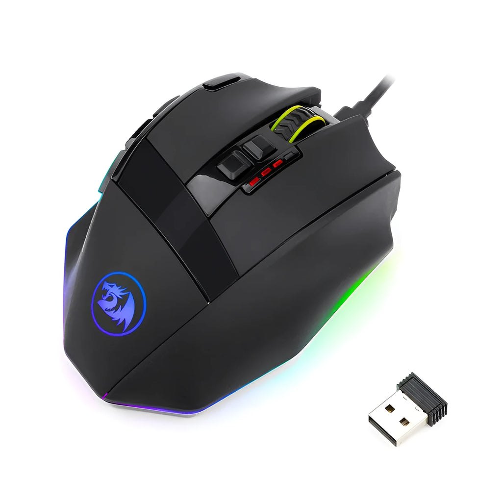 Redragon M801P black wireless gaming mouse with nine buttons and ergonomic shape