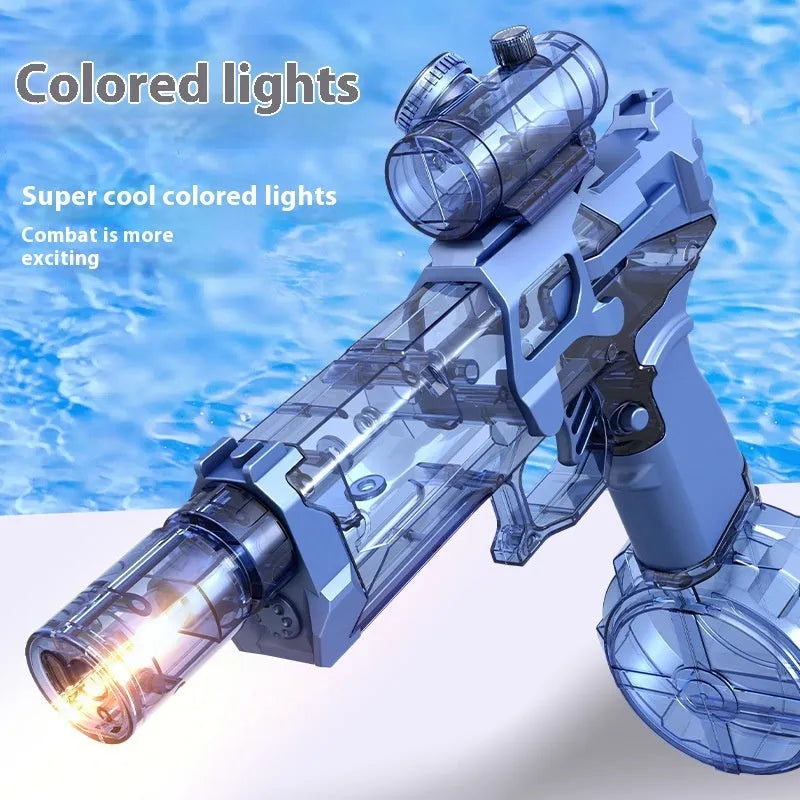 Black and blue automatic electric water pistol with LED lights, shown ready for a summer water fight.