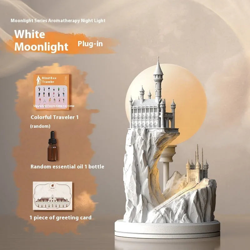 White composite gypsum table lamp with plug and wire switch on a table.