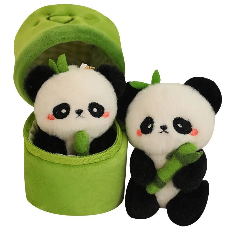 Bamboo panda plush pendant 10cm and larger 25cm flower panda and 30cm hugging panda in green
