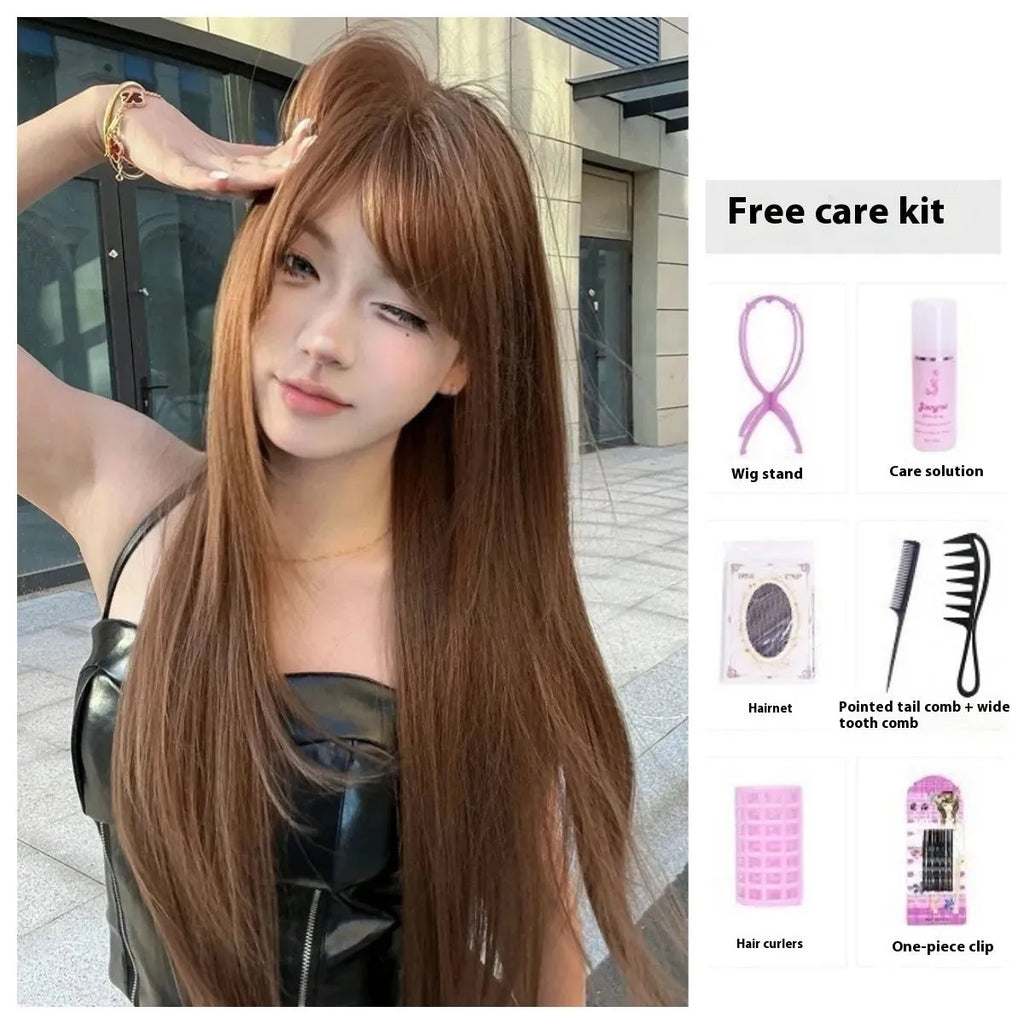 Warm brown long straight synthetic wig with bangs made from high-temperature fibre