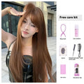 Warm brown long straight synthetic wig with bangs made from high-temperature fibre