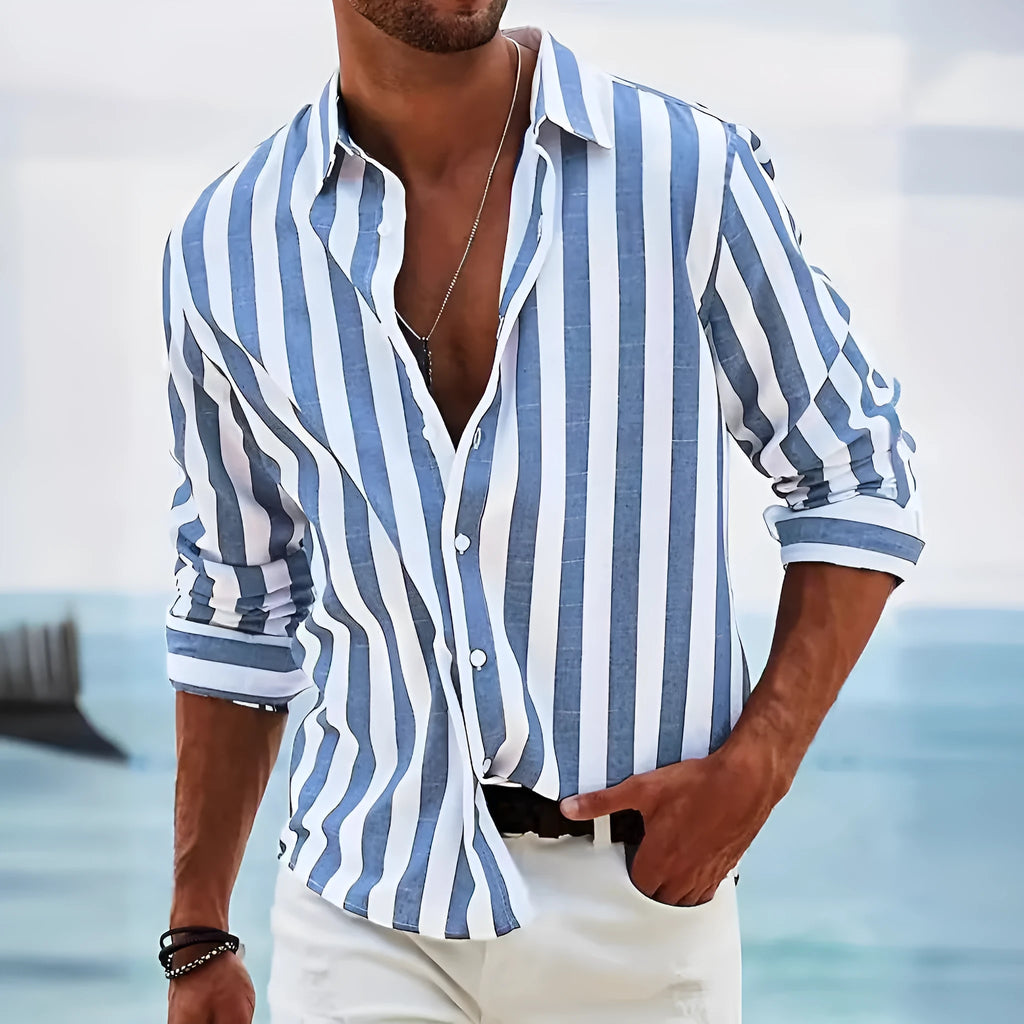 Men's yarn-dyed striped casual shirt loose fit long sleeve British style cardigan polyester