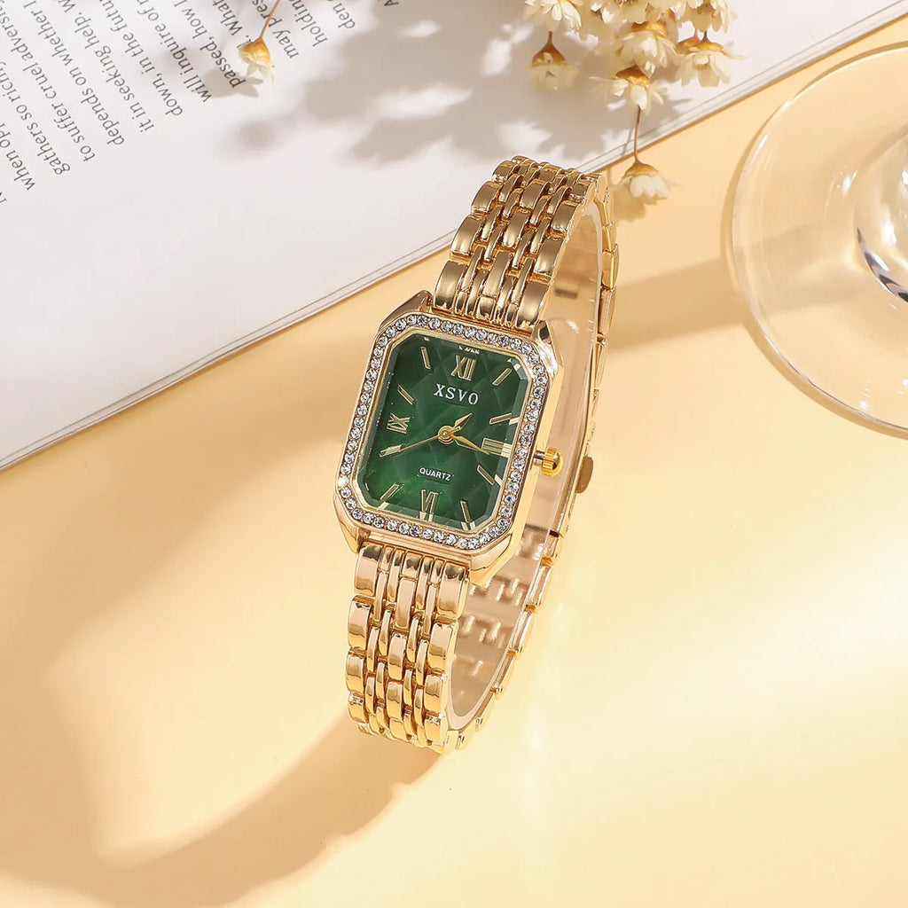 Gold green square women's watch with four matching bracelets, alloy case with jewellery buckle
