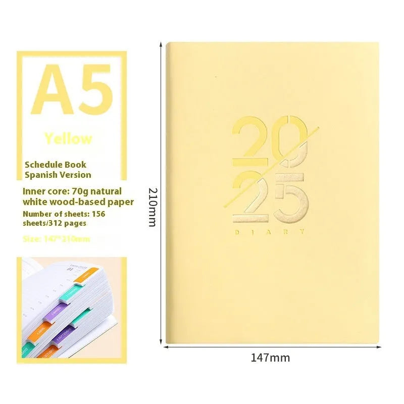 A5 soft faux leather daily planner open on a desk, showing Dorian paper and lay-flat binding.