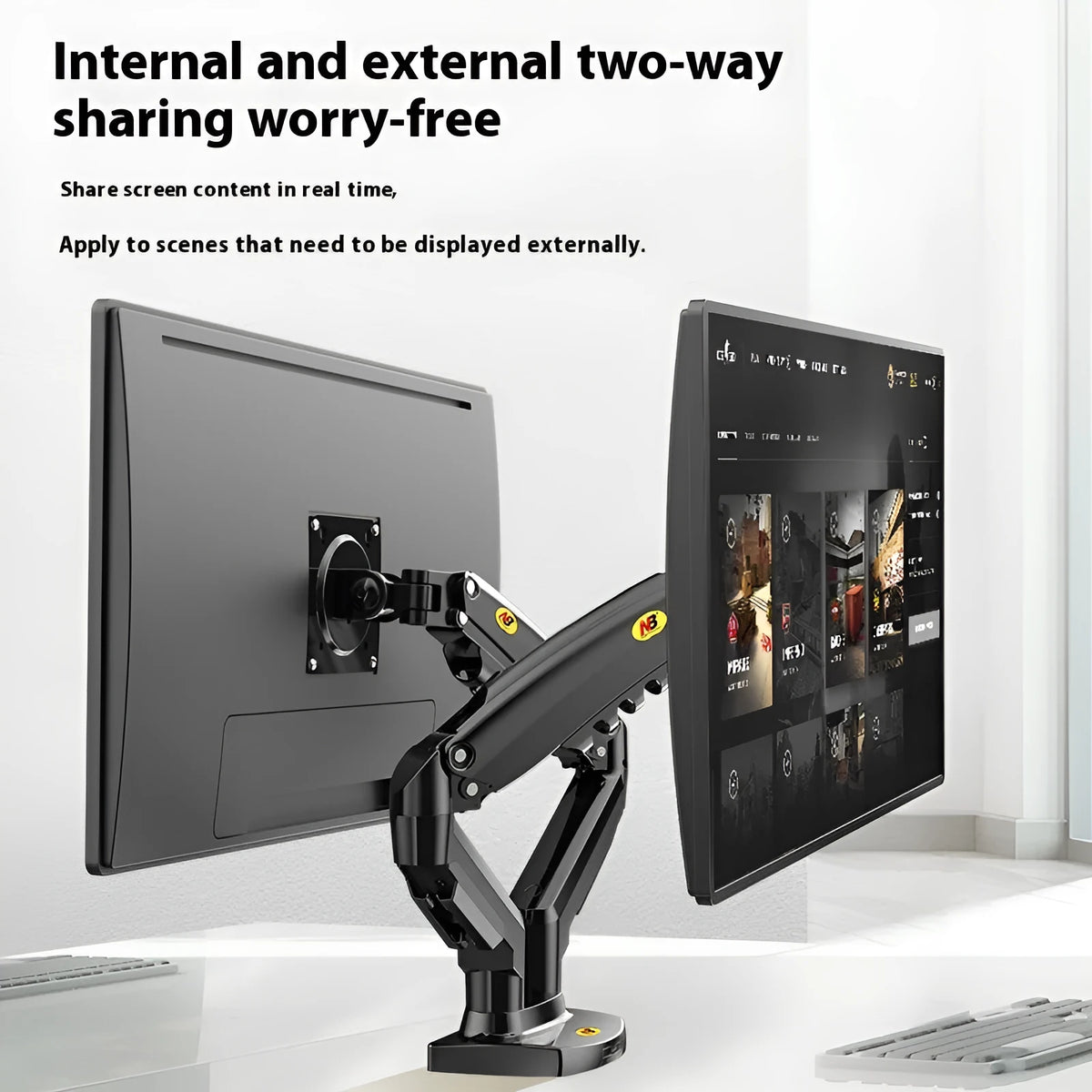 Dual screen computer monitor mounting bracket in gun black with height adjustment mechanism