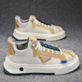 Men's beige low-top sneakers with elastic band and round toe.