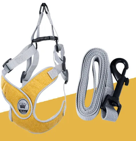 Green adjustable mesh dog harness with metal D-ring and attached lead on a white background