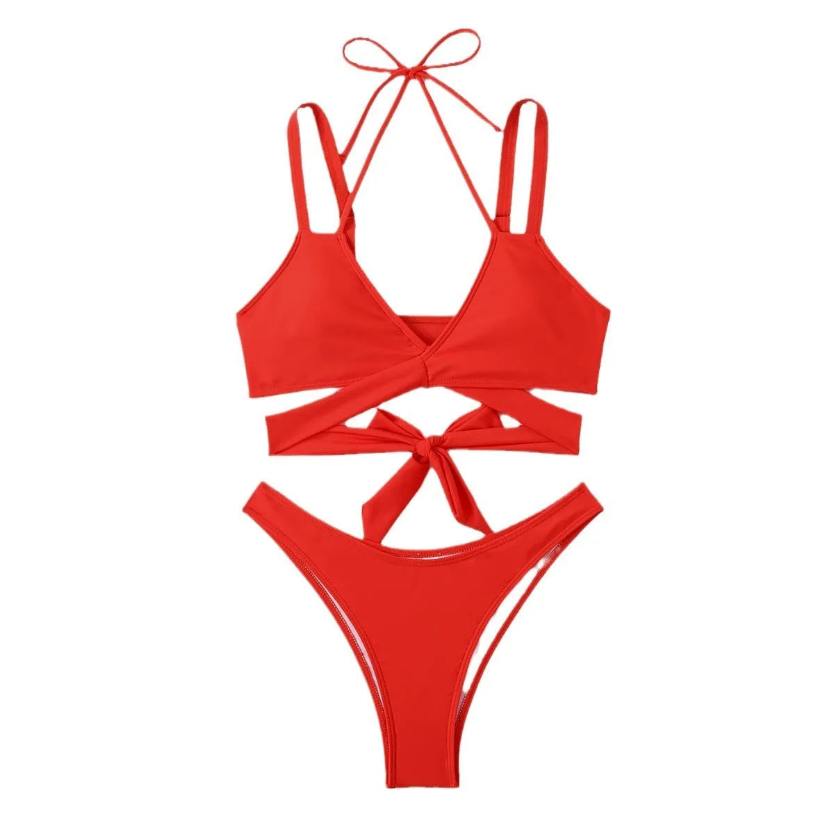 Women's solid colour strap bikini swimsuit on a hanger, showing the briefs style in one of the five available colours.