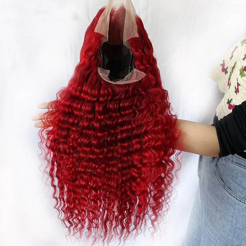Red deep wave human hair wig, fully hand-woven, available in 12-34 inch lengths, with T-shaped head cover option.