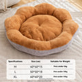 Round cat bed made from thick rabbit plush fabric in brown grey colour.