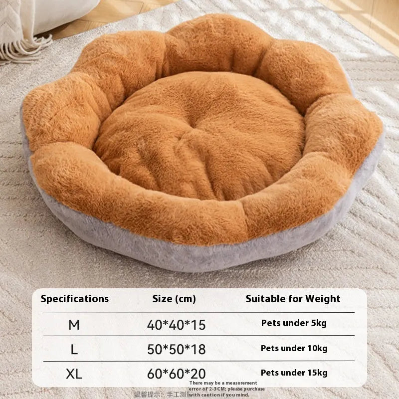 Round cat bed made from thick rabbit plush fabric in brown grey colour.