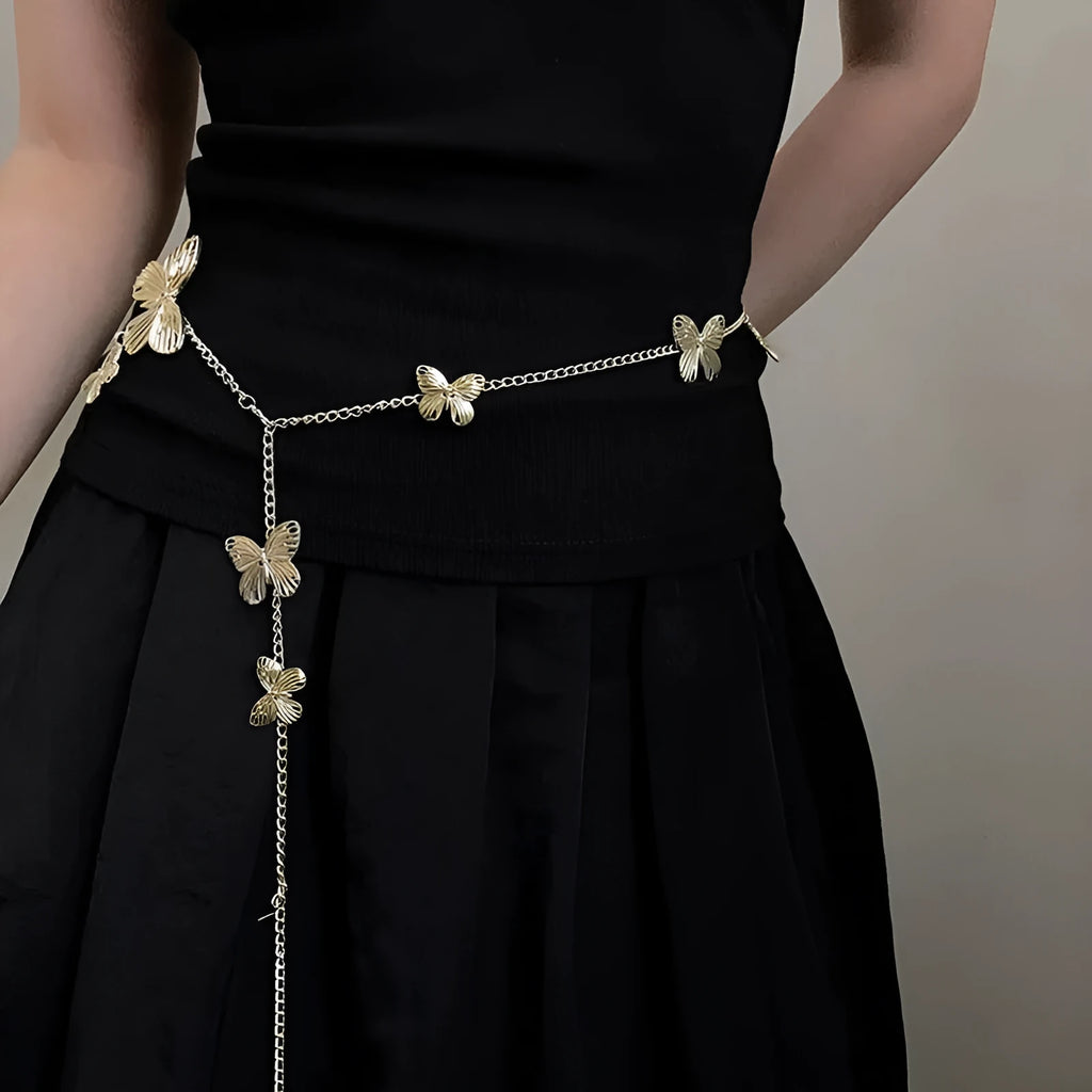 Gold butterfly waist chain jewellery for women with 104cm length retro design