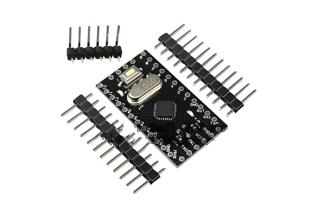 Mini Pro ATMEGA328P microcontroller development board measuring 33.3mm by 18.0mm with pin headers