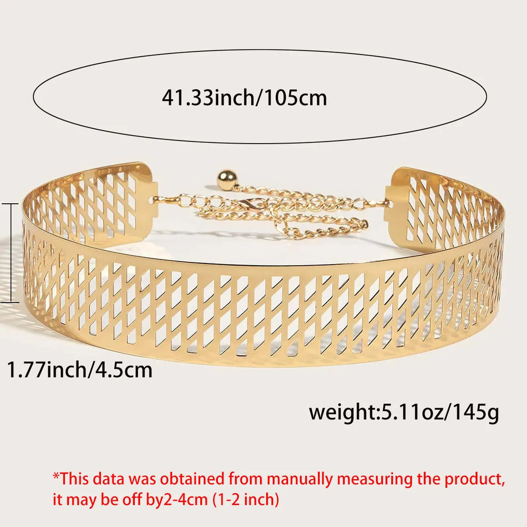 Golden lantern head punching net flower design on a thick black waist seal belt with alloy buckle.