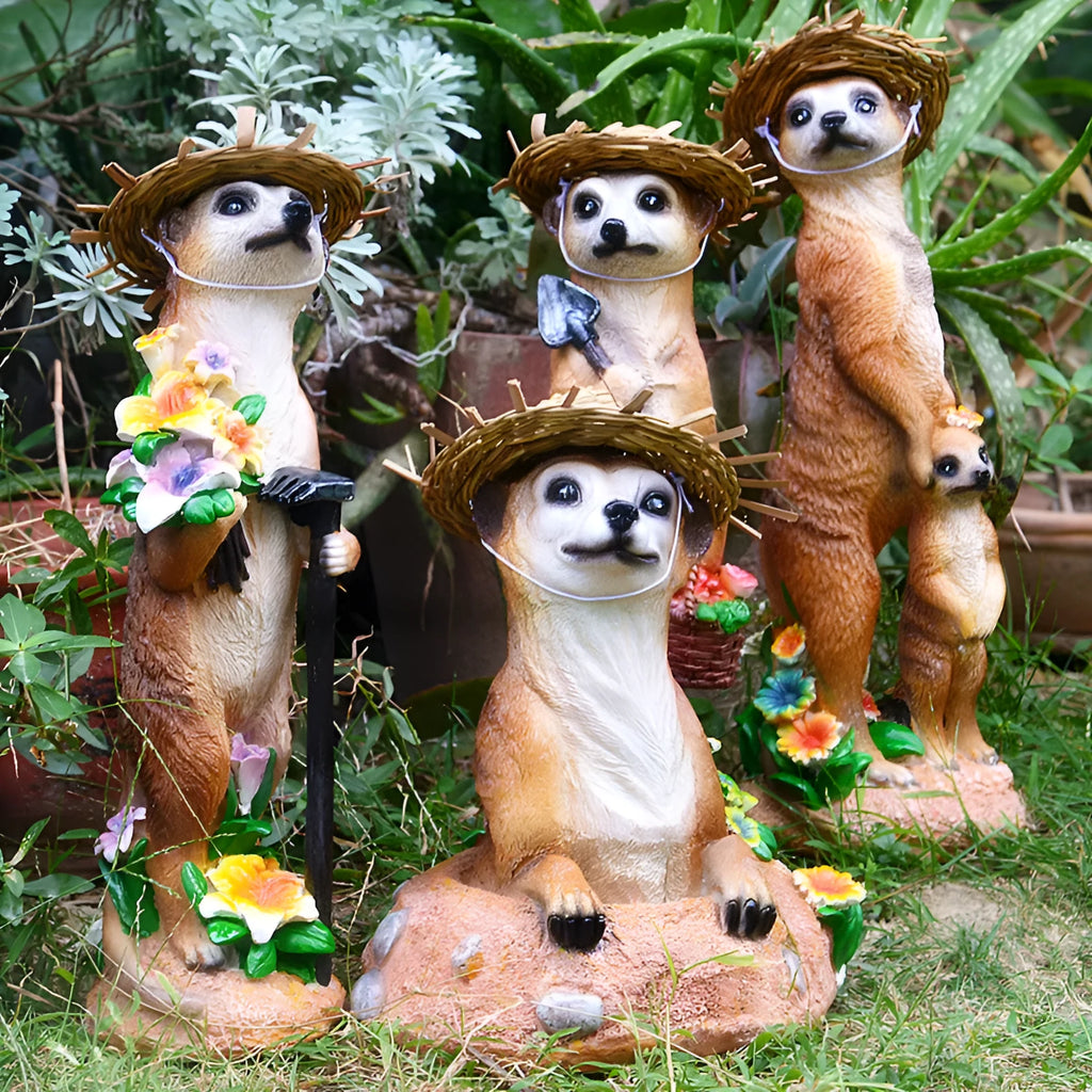 Yellow-brown straw hat mongoose ornaments for bonsai and garden decoration in three design variations