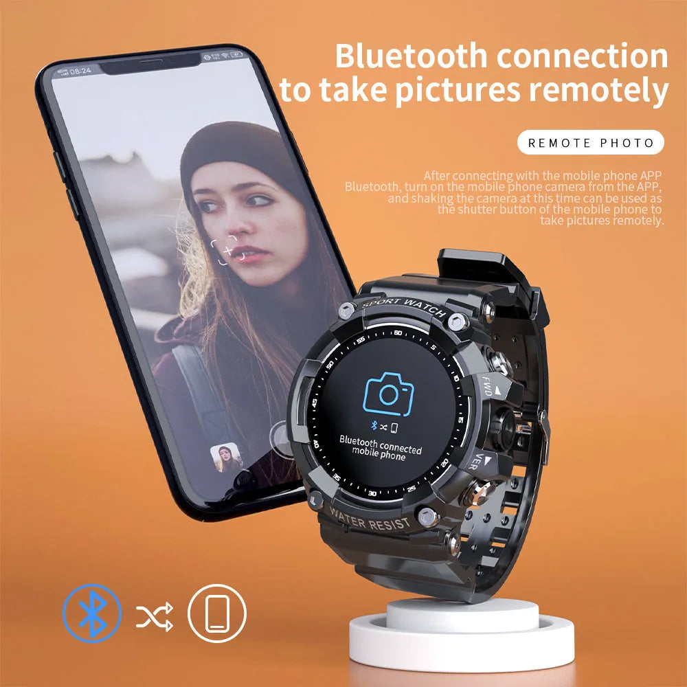 Black smart sports watch with round colour screen showing heart rate display on TPU strap