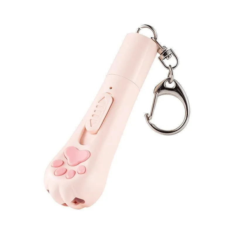 Cat teasing pen light toy with LED light in cream white, pink, or blue plastic