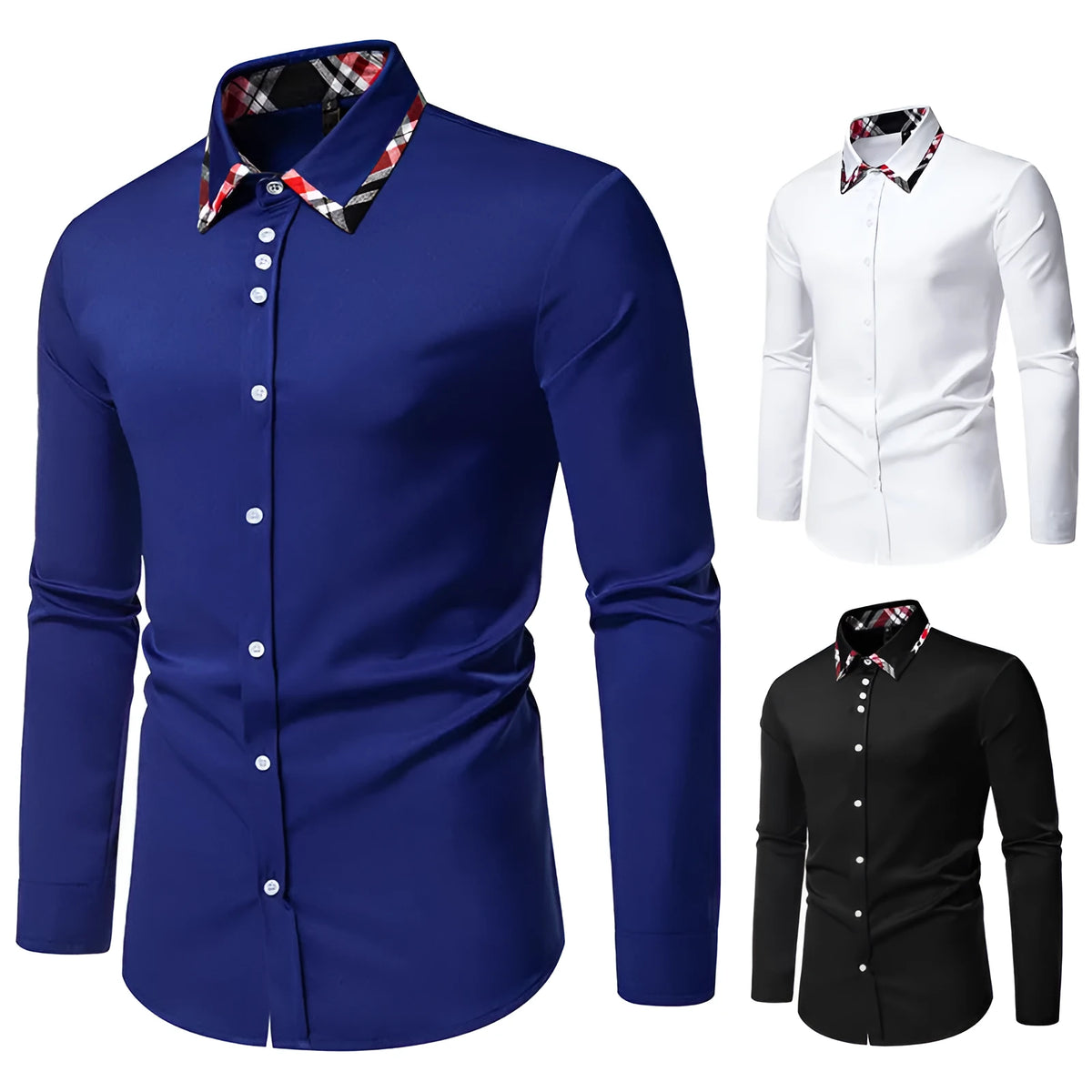 Men's plaid contrast colour shirt with triangle collar and long sleeves