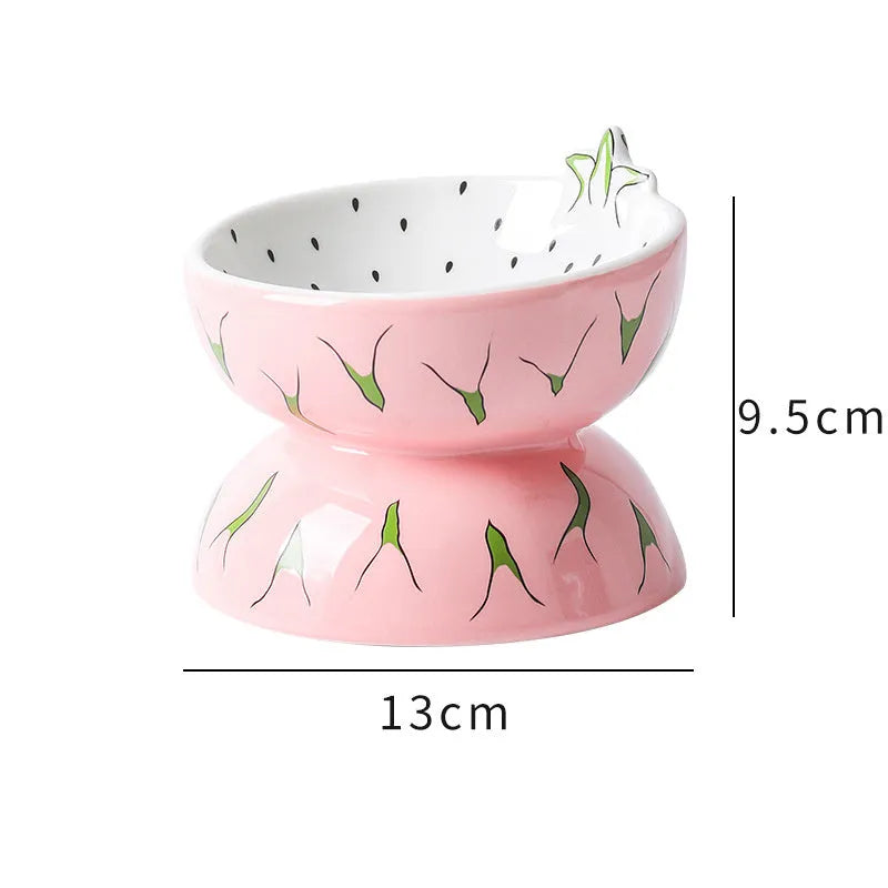 Ceramic raised cat bowl with tilted wide rim design in orange pattern for indoor cats