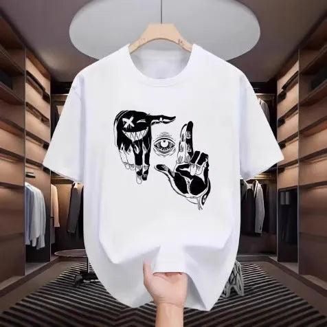 Men's grey casual t-shirt with a colourful digital cartoon print on the front, showcasing the mesh texture of the bird eye cloth fabric.