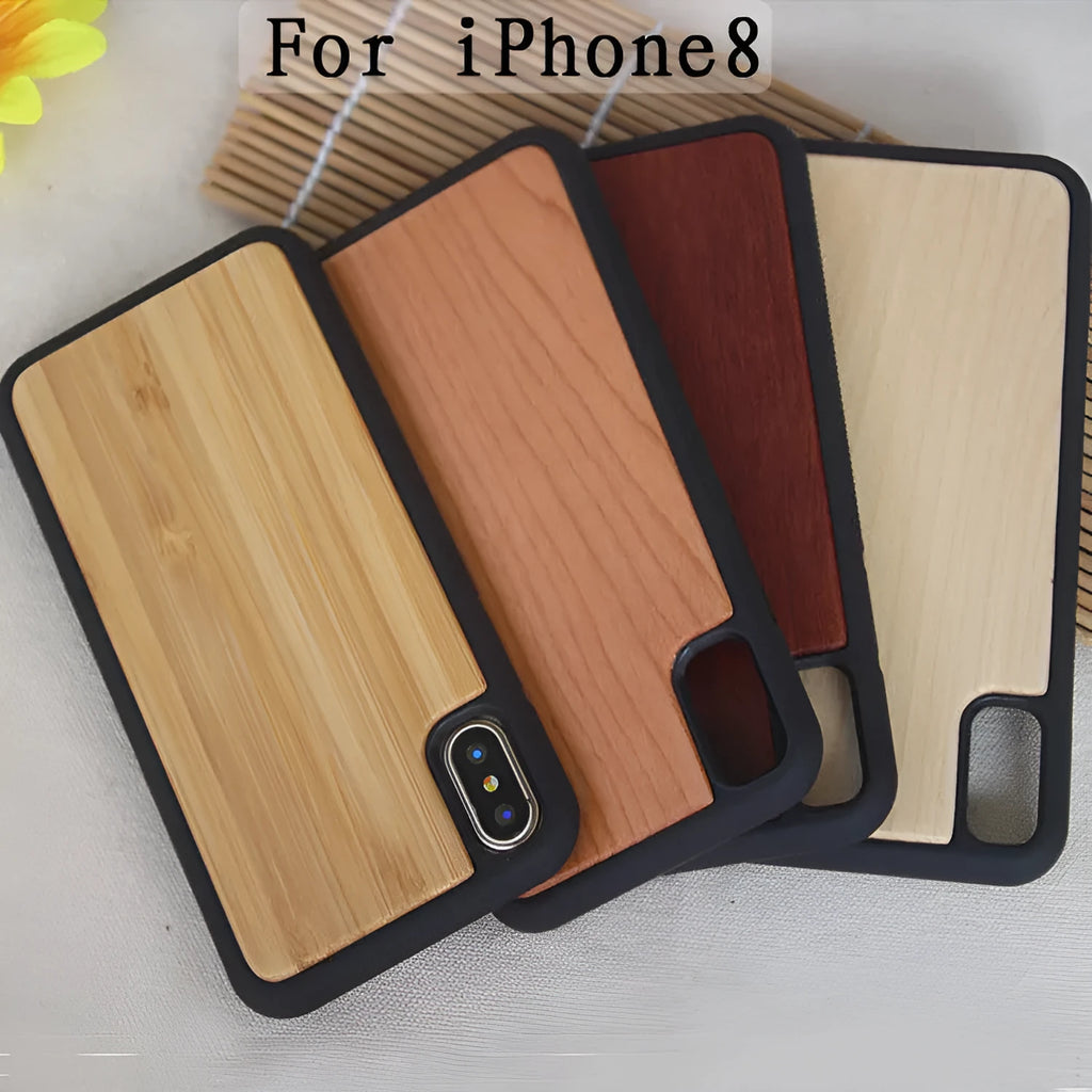 Woodgrain bamboo and black TPU hybrid case for iPhone, showing front and back views.