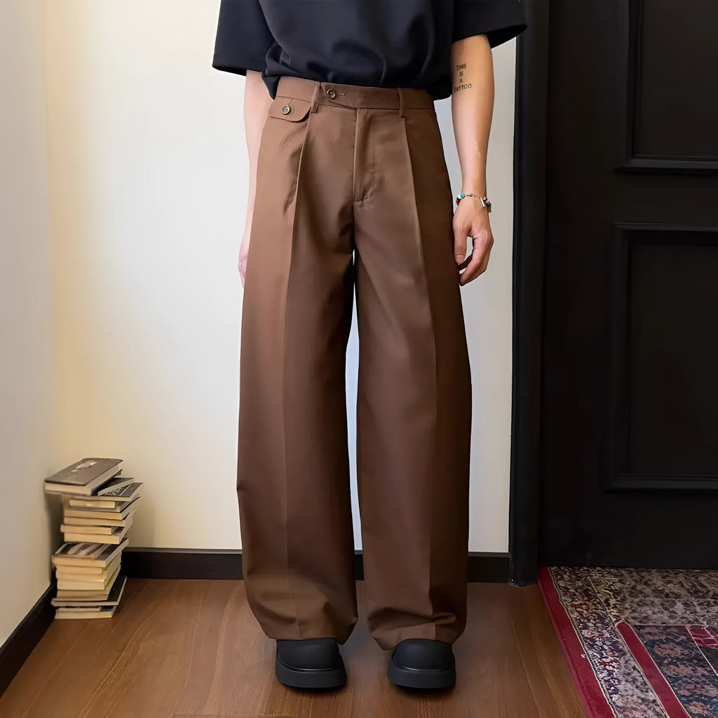 Men's straight-leg wide-leg casual suit pants in black and brown, loose drape fit